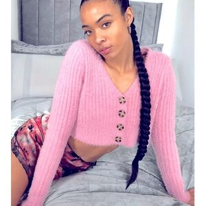 COTTON CANDY LA Fuzzy Cropped Cardigan, pink